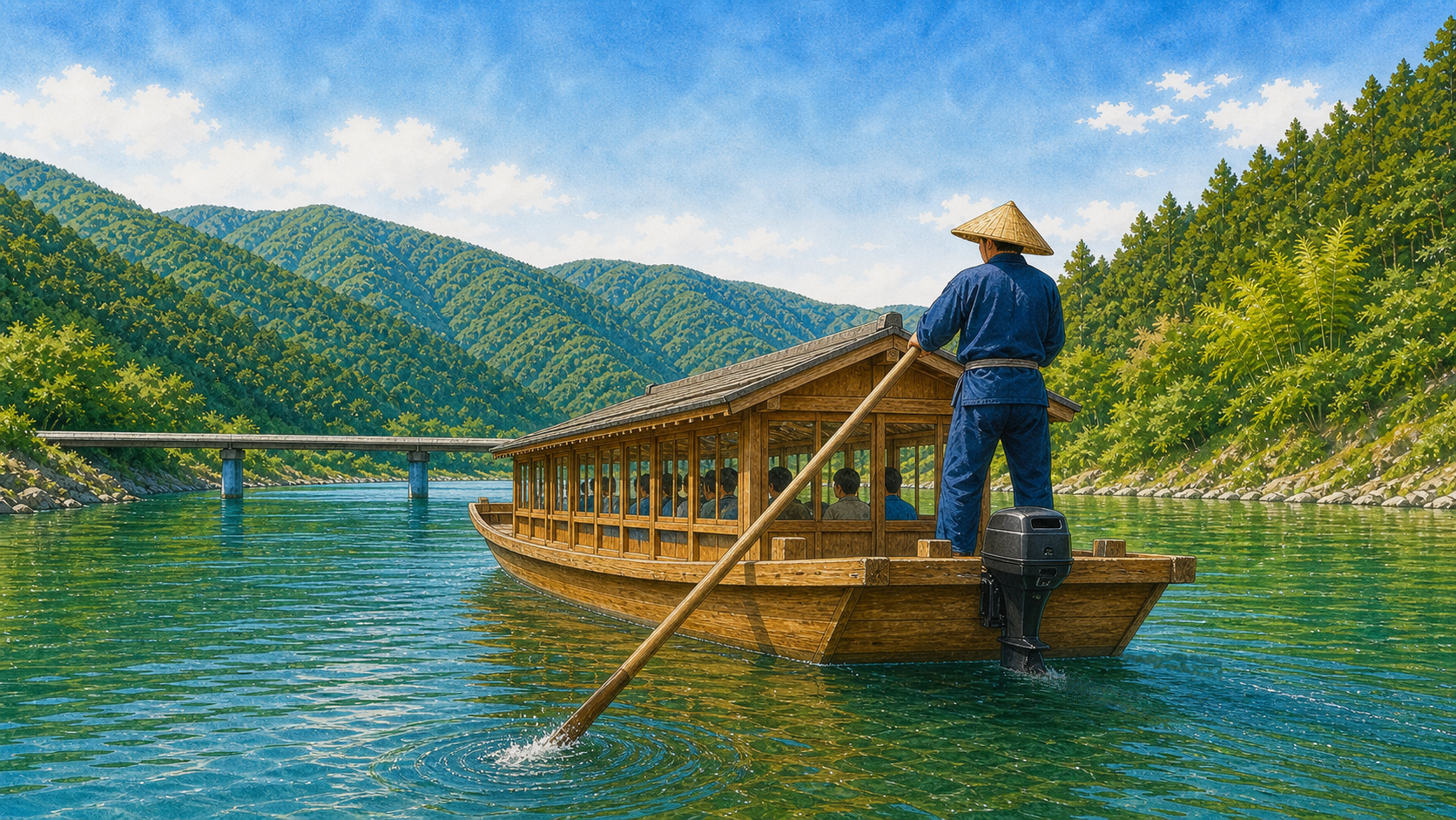 屋形船から櫂で進む四万十川の遊覧風景