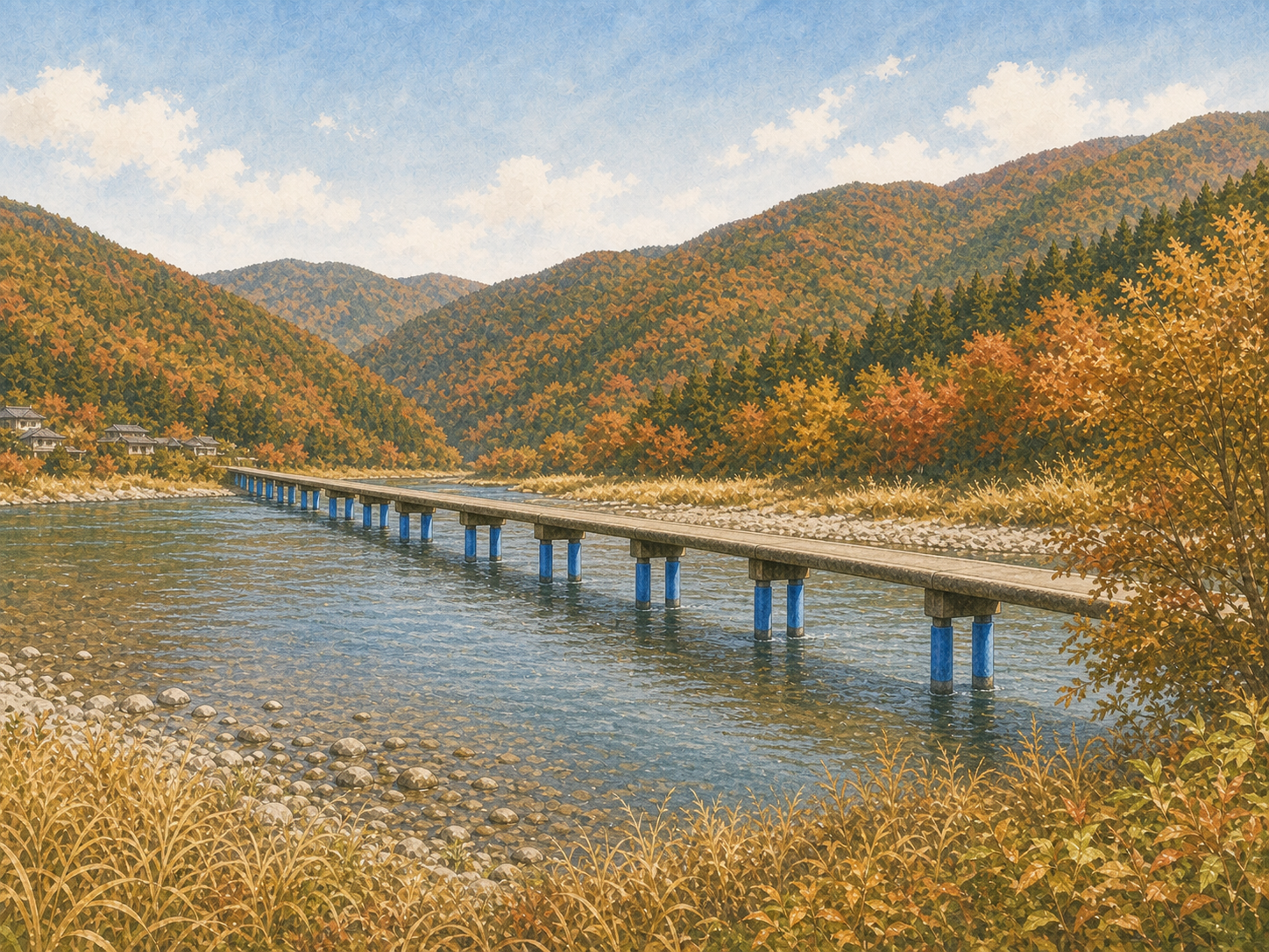 秋の佐田沈下橋と四万十川のイラスト