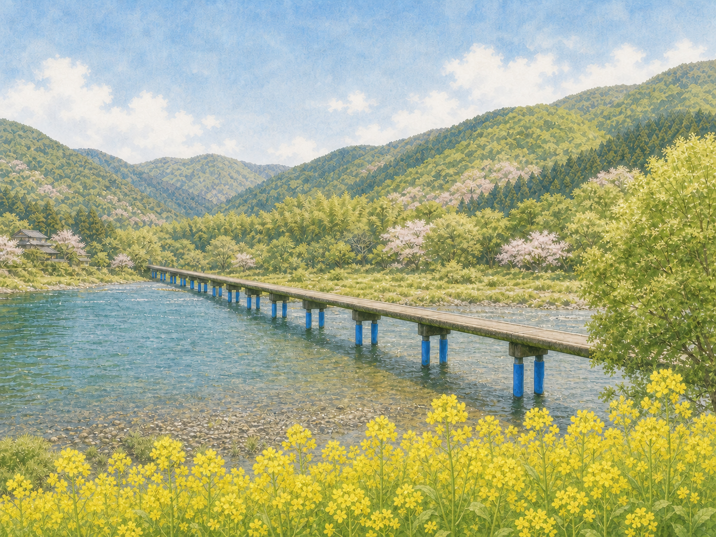 春の佐田沈下橋と四万十川のイラスト