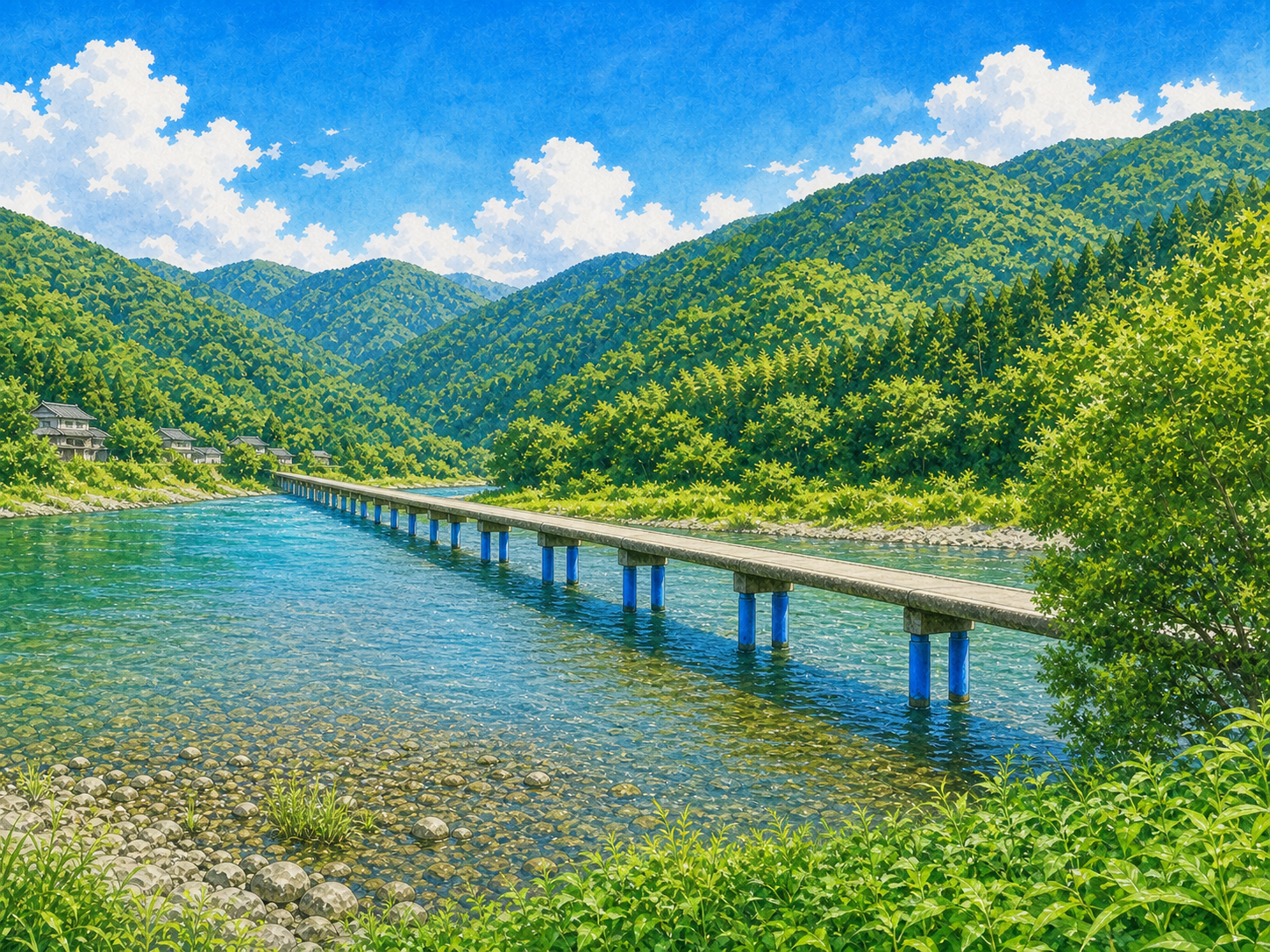 夏の佐田沈下橋と四万十川のイラスト
